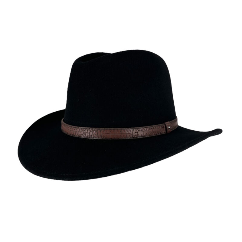 Deluxe Fedora Felt Wool Hat w Brown Strap - Black