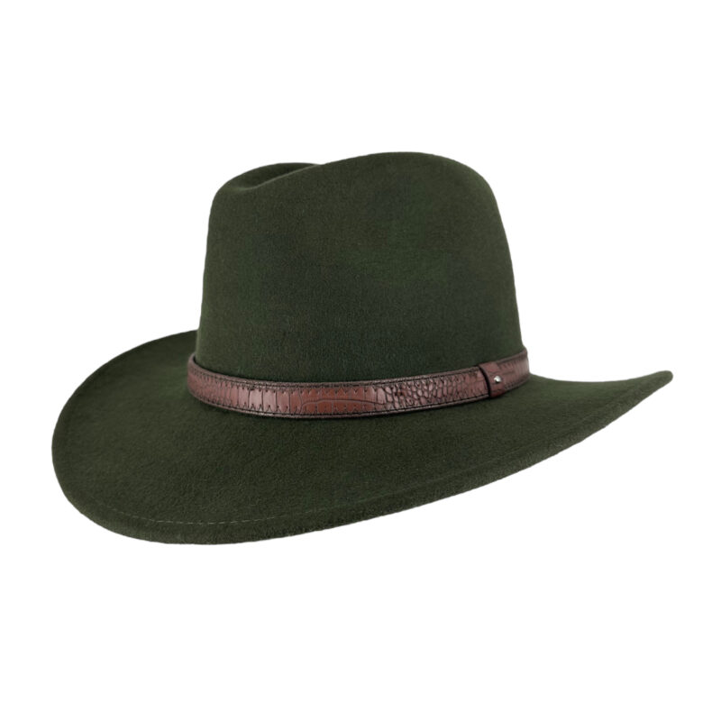 Deluxe Fedora Felt Wool Hat w Brown Strap - Moss Green