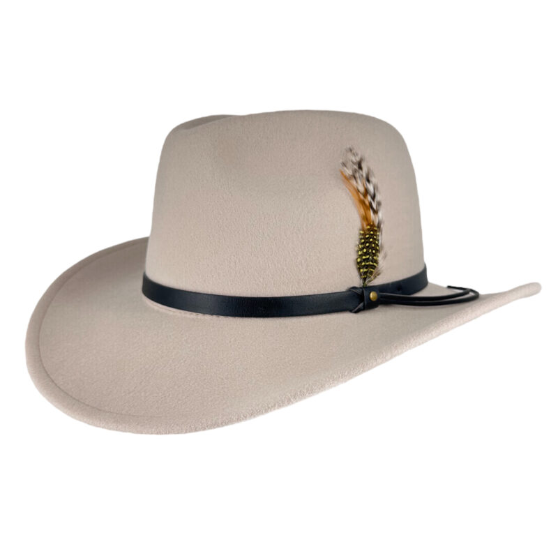 Deluxe Fedora Felt Wool Hat w Feather - Cream